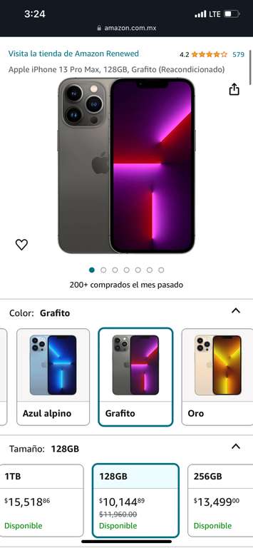 Amazon: Apple iPhone 13 Pro MAX, 128GB, Grafito - (Reacondicionado)