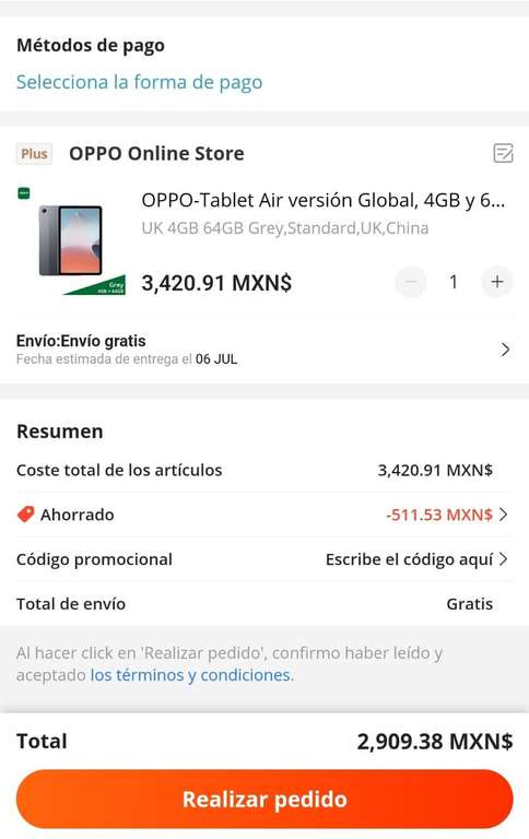 AliExpress: Tablet Oppo Pad Air 10.36 4gb + 64gb versión global