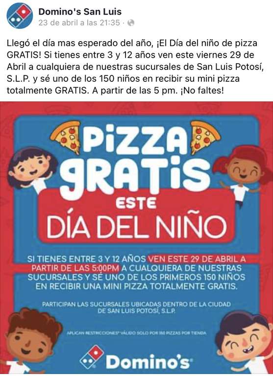 Domino's Pizza San Luis Potosí: Mini Pizza gratis por el Día del Niño