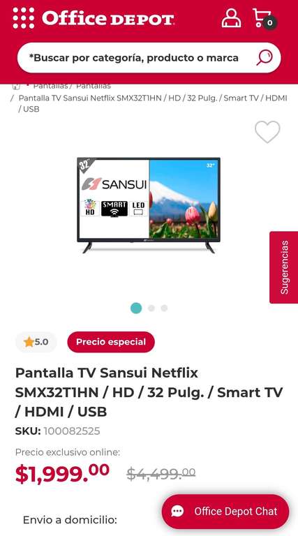 Office depot: Pantalla TV Sansui Netflix SMX32T1HN / HD / 32 Pulg. / Smart TV / HDMI / USB