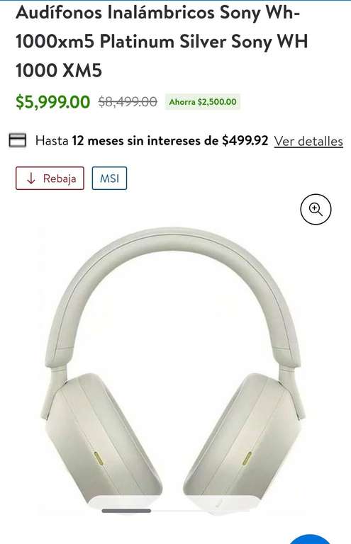 Walmart: Sony audífonos wh-1000XM-5 blancos 12 MSI