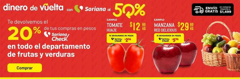 Soriana: Martes y Miércoles del Campo 15 y 16 Agosto: 20% de devolución en Pesos Soriana Check en todo el departamento de frutas y verduras