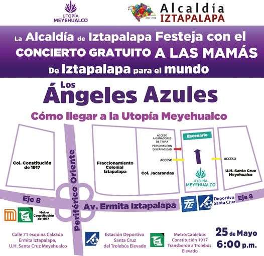Parque Utopia Meyehualco: Los Angeles Azules en concierto gratuito para las jefecitas - Hoy 18:00 horas.