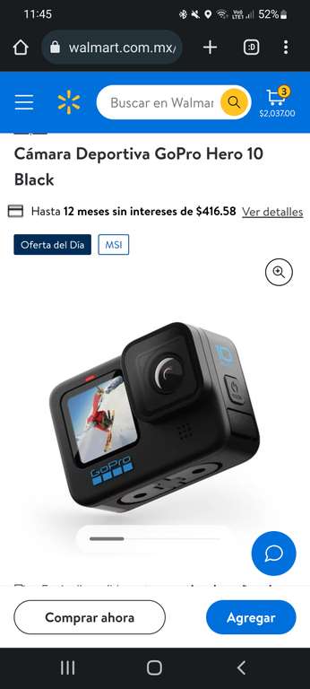 Walmart: Cámara Deportiva GoPro Hero 10 Black y cupon
