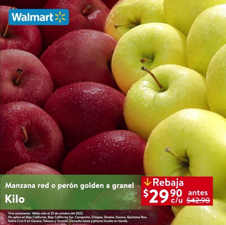 Walmart: Martes de Frescura 25 Octubre: Plátano $13.90 kg • Jitomate $19.90 kg • Manzana Red ó Perón Golden $29.90 kg