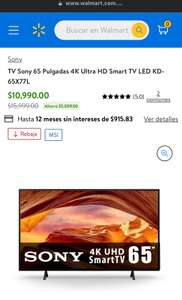 Walmart: Pantalla Sony 65 Pulgadas 4K Ultra HD Smart TV LED KD-65X77L