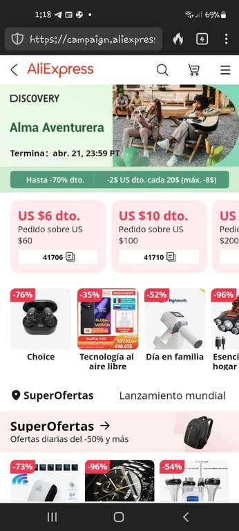 AliExpress: Campaña "Alma aventura". Hasta 70% OFF + $2 USD de descuento por cada $20 USD (topado a $8 USD) en productos seleccionados