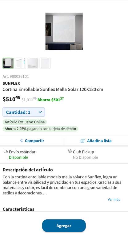 Sam's Club: Cortina Enrollable Sunflex Malla Solar 120X180 cm
