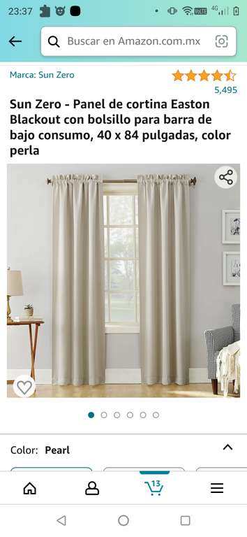 Amazon: Sun Zero - Panel de cortina Easton Blackout con bolsillo para barra de bajo consumo, 40 x 84 pulgadas, color perla
