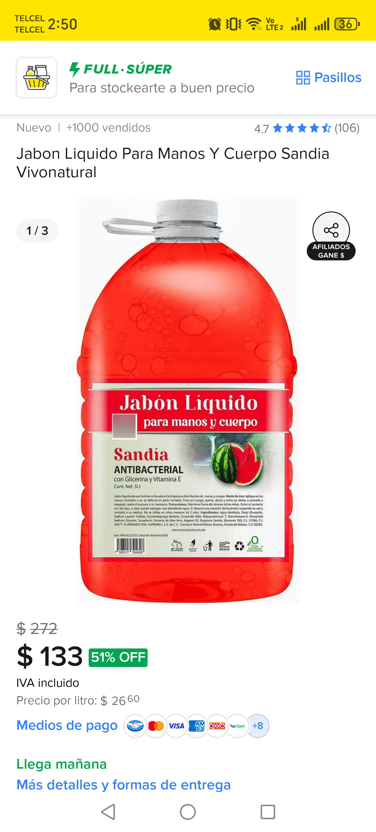 Mercado Libre: Jabón líquido para manos y cuerpo 5 Litros