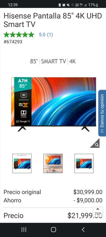Costco: Hisense Pantalla 85" 4K UHD Smart TV + TDC costco-citi y cupon