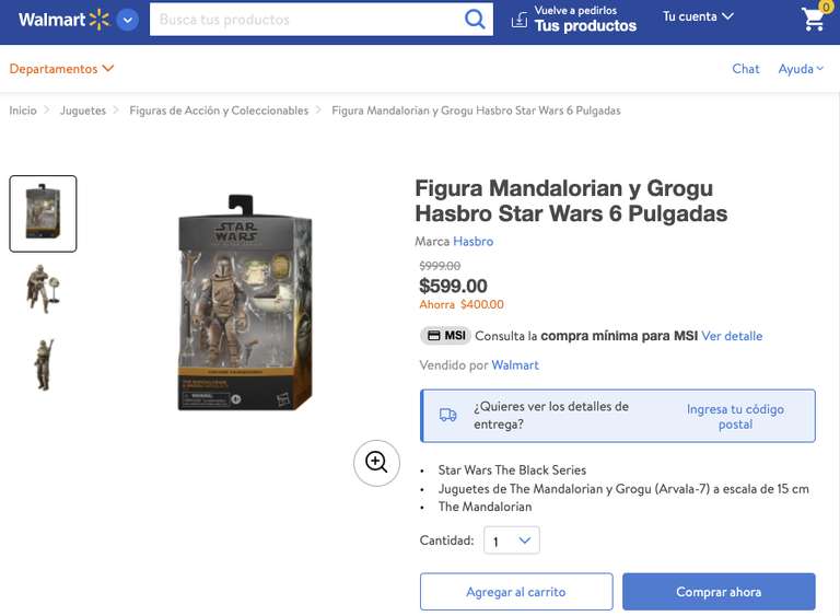 Walmart: Figura Mandalorian y Grogu Hasbro Star Wars 6 Pulgadas
