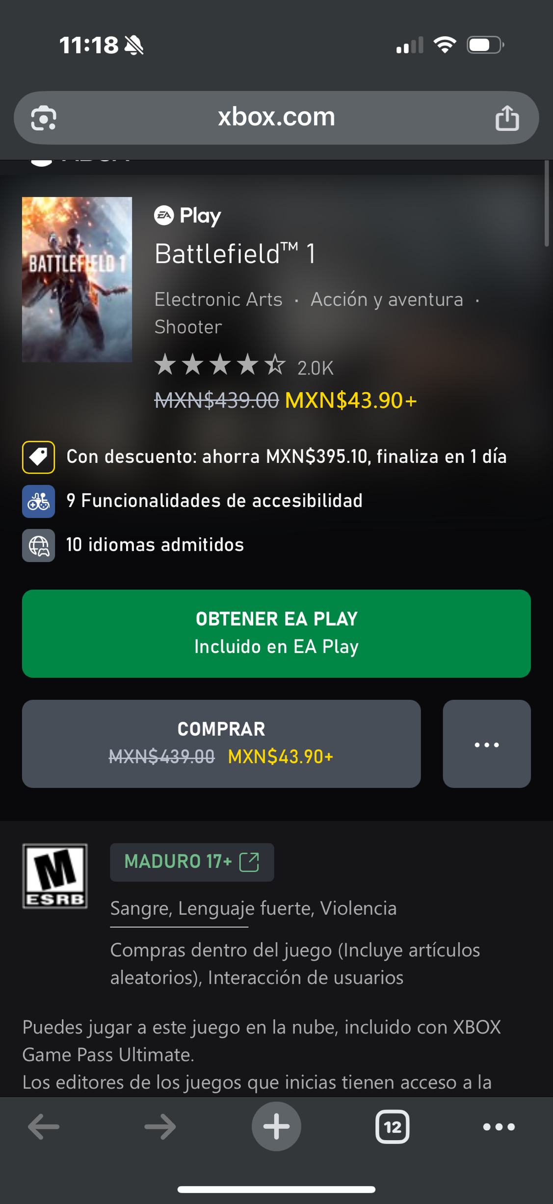 Xbox: Battlefield 1 (oferta expira en 1 dia)