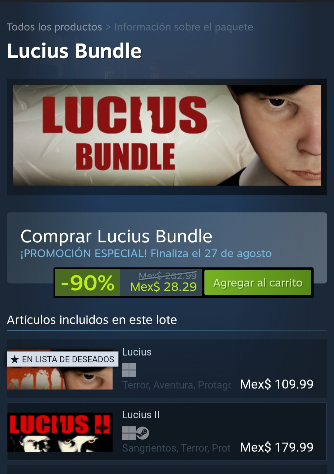 Steam: Lucius 1 y 2. Al 90% de descuento