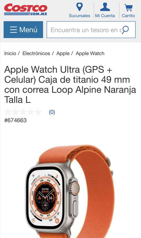 Costco: Apple Watch Ultra (GPS + Celular) Caja de titanio 49 mm con correa Loop Alpine Naranja Talla L | Pagando con TDC Costco citibanamex
