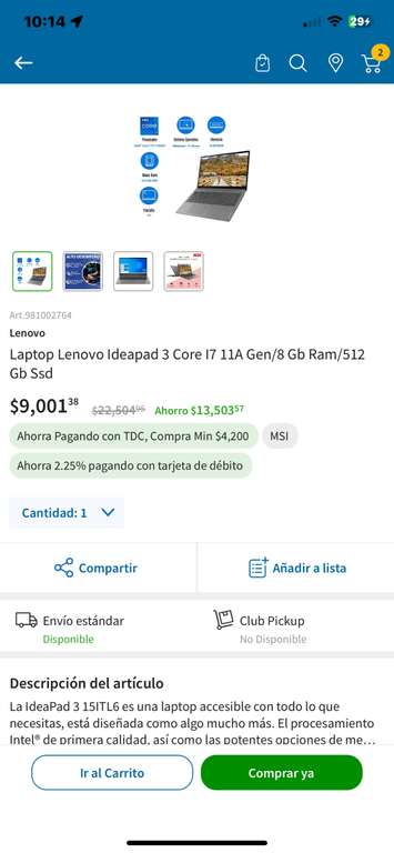 Sam's Club: Laptop Lenovo Ideapad 3 Core i7 11a Gen/8 GB RAM/512 GB SSD