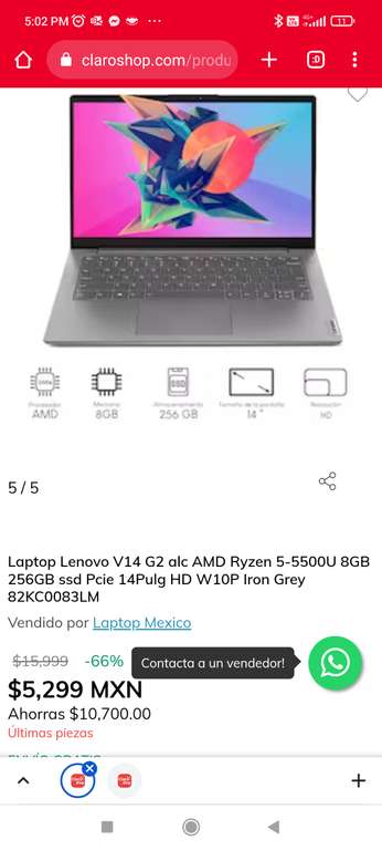 Laptop Lenovo V14 G2 alc AMD Ryzen 5-5500U 8GB 256GB ssd