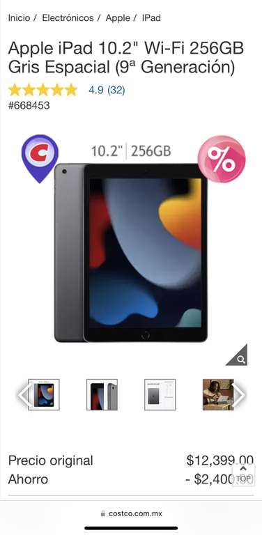 Costco: Apple iPad 10.2" Wi-Fi 256GB Gris Espacial (9ª Generación) Costco