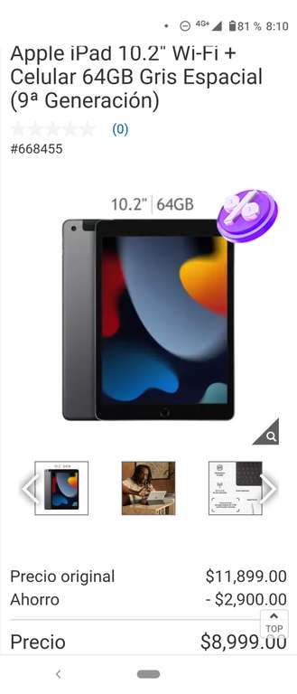 Costco Apple iPad 10.2" Wi-Fi + Celular 64GB Gris Espacial (9ª Generación)