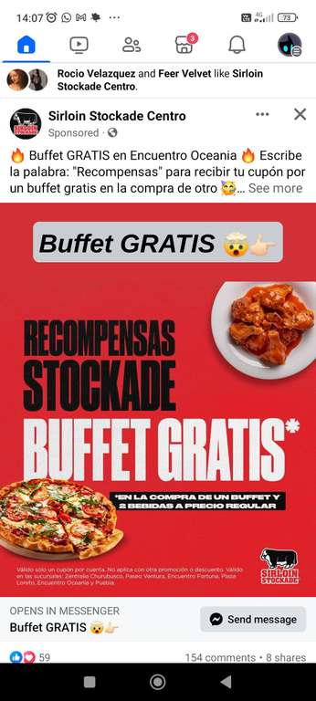Sirloin Stockade: Buffet gratis en la compra de otro buffet y 2 bebidas al mandarles mensaje por Messenger