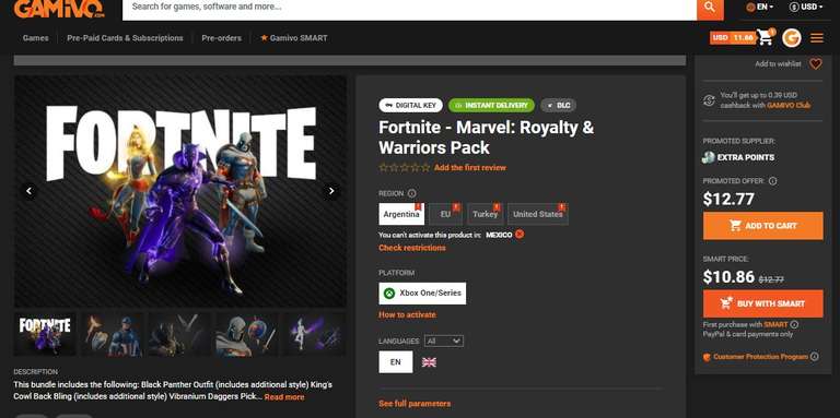 Gamivo | Fortnite - Marvel: Royalty & Warriors Pack (ARG) por $235.08 pejecoins