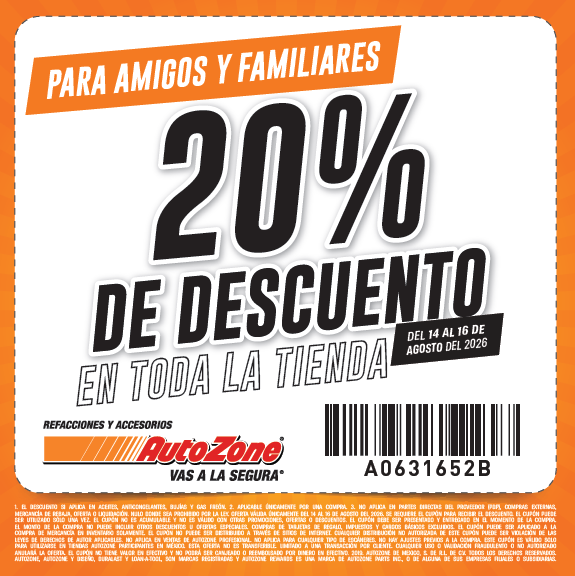 AutoZone: Cupon de 20% de descuento para familiares y amigos (14 al 16 de agosto de 2026 )