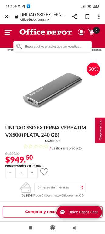 Office Depot: UNIDAD SSD EXTERNA VERBATIM VX500 (PLATA, 240 GB) | Recoger en tienda