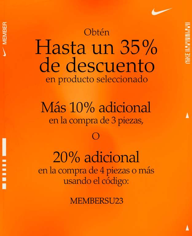 Nike [app]: Members day, Hasta 35% OFF en producto seleccionado + Cupón de 10% extra comprando 3 pzs o 20% comprando 4