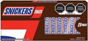 Amazon: Snickers Snack, chocolate con leche relleno de caramelo, cacahuate y nougat, 21.5 g (Paquete de 11)