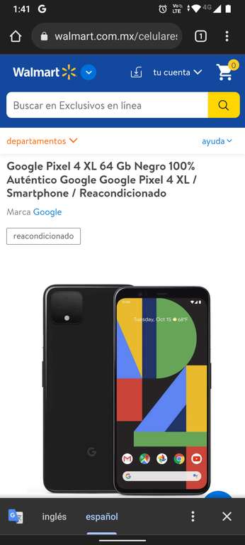 Walmart: Google Pixel 4XL, Negro 64Gb Reacondicionado A+