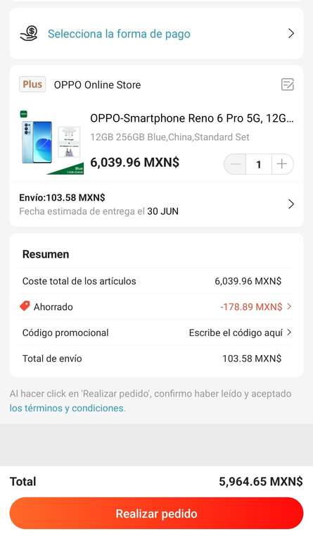 AliExpress: Celular OPPO RENO 6 PRO 5G ( 12GB/256GB ) versión global