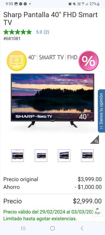 Costco: Sharp Pantalla 40" FHD Smart TV