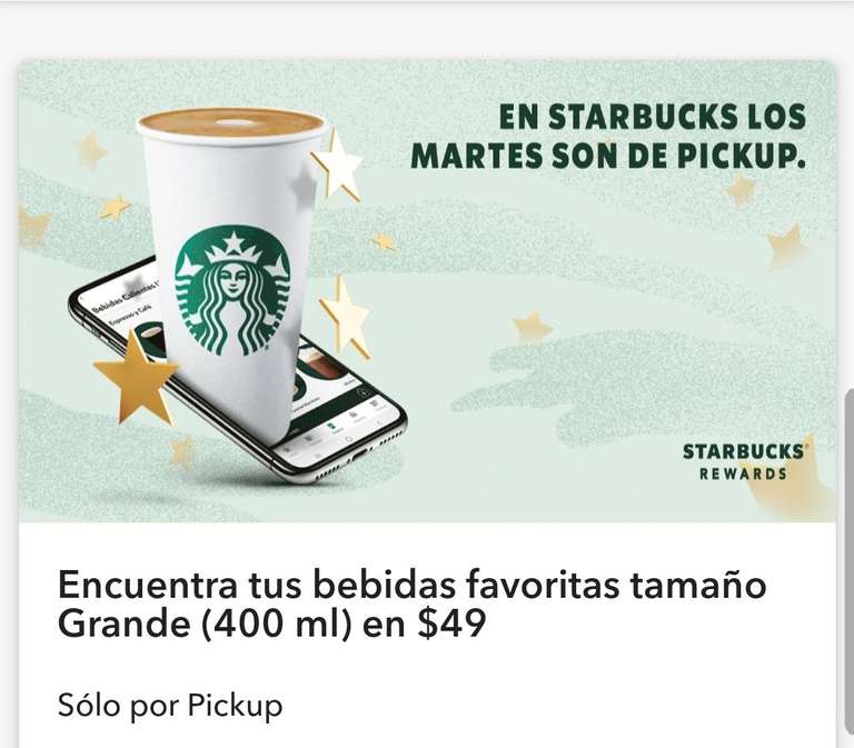 Bebida grande (caliente o fria) en Starbucks por 49 pesitos. Solo por Pickup en la app de Starbucks todos los martes hasta el 18 de junio.
