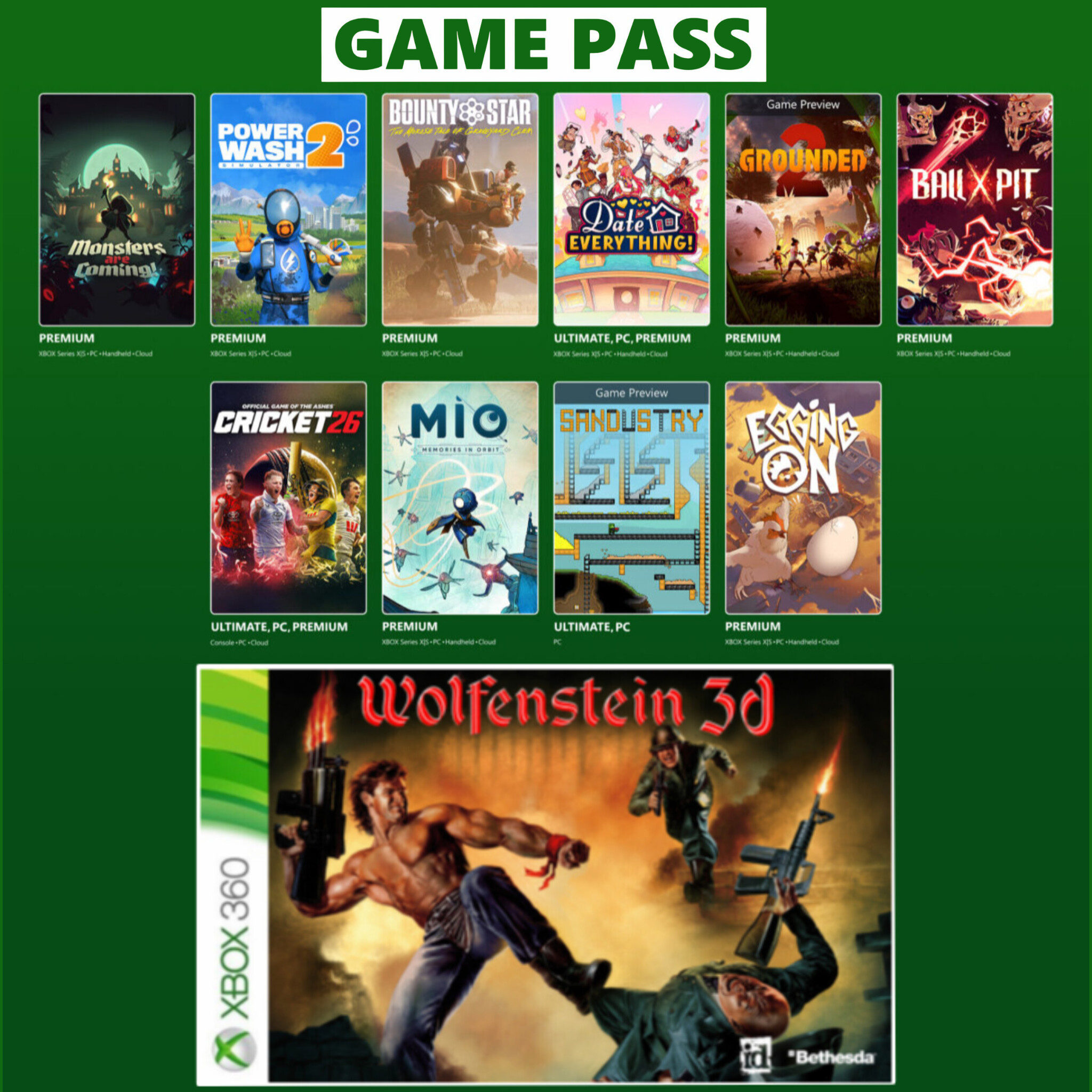 PC/XBOX Game Pass de Agosto pt.1: Wolfenstein 3D (Xbox 360), Date Everything, Cricket 26 y Más | Premium: Mio, PowerWash Simulator 2 y Más
