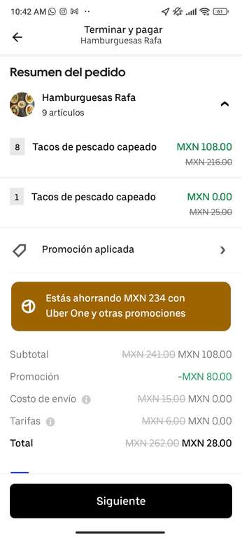 Uber eats: Tacos de pescado capeado GDL, precio con Uber One