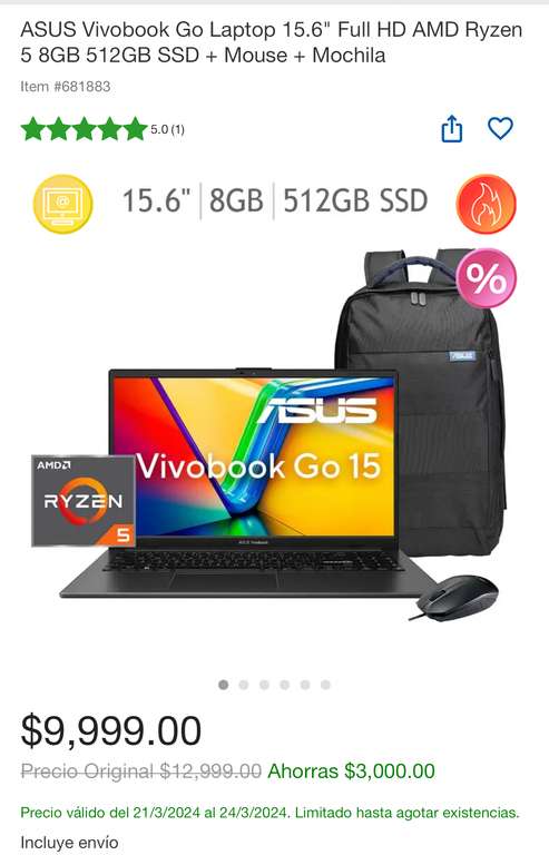 Costco: ASUS Vivobook Go Laptop 15.6" Full HD AMD Ryzen 5 8GB 512GB SSD + Mouse + Mochila