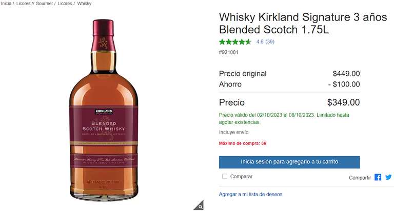 Costco: Whisky kirkland Signature 3 años 1.75lts