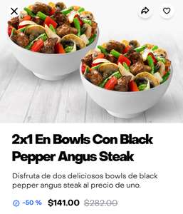 Rappi; Panda Express 2x1 en bowls con black pepper Angus steak.