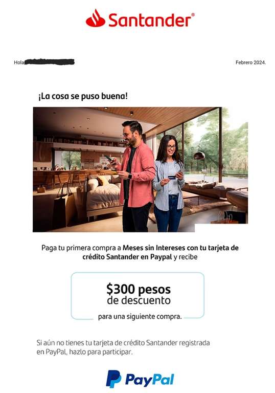 Santander: $300 para siguiente compra al realizar tu primera compra (mayor a $1000) a MSI en PayPal