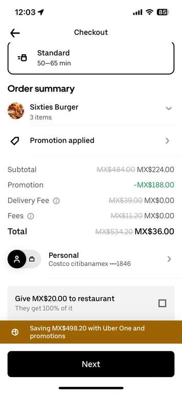 Uber Eats CDMX Restaurante 60's: 3 hamburguesas + papas normales + papas fuego