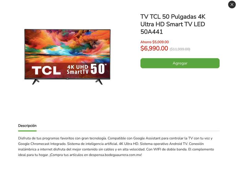 Bodega Aurrera TV TCL 50 Pulgadas 4K Ultra HD Smart TV LED 50A441