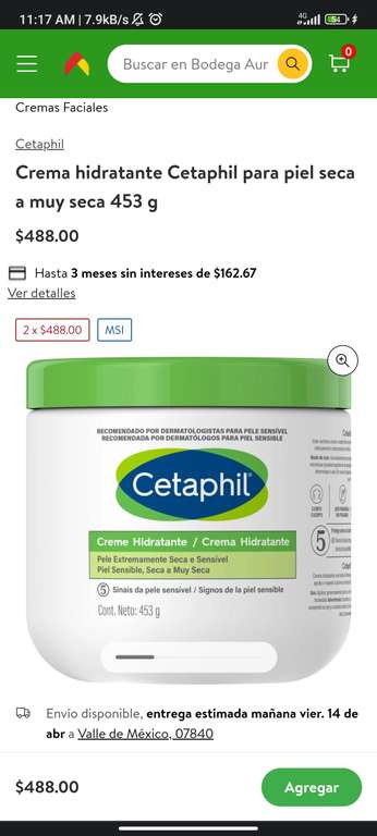 Bodega Aurrera: Crema hidratante Cetaphil 453 g en 2 al precio de 1 $488 ($244 c/u)