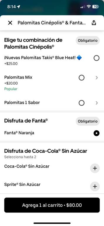 Uber Eats: Uber One, Cinepolis Palomitas + 3 refrescos (Combo Fanta)
