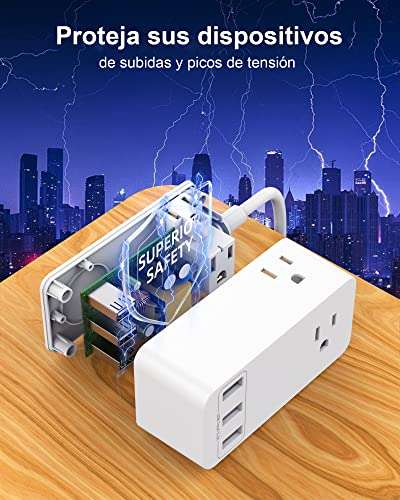 Amazon: Regleta de alimentación, Multicontacto con 3 Cargador USB, 3 tomacorrientes de CA, Cable de extensión de 1.5 metros