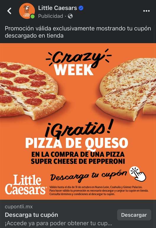 Little Caesars: Pizza gratis de queso en la compra de una super cheese pepperoni | ciudades seleccionadas