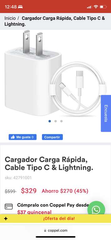 Coppel: Cargador de iPhone con cable tipo C a Lightning