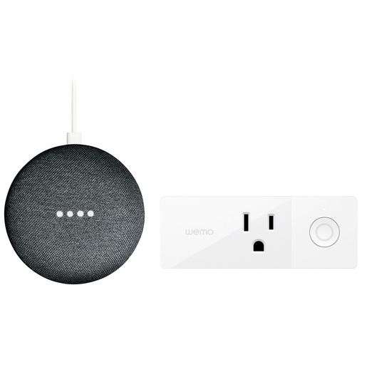 RadioShack: Bundle Google Home Mini y Enchufe Inteligente Wemo / WiFi / Blanco con gris
