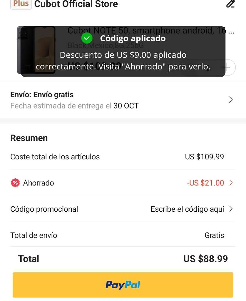 AliExpress: Celular Cubot Note 50 ( 16 Ram, 256 GB ) ENVIO DESDE MEXICO