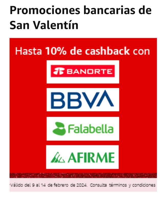 Amazon: 10% de bonificación con Banorte, Falabella y Afirme (5% con BBVA) - Promociones bancarias de San Valentín