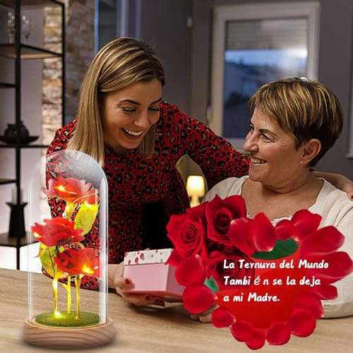 Amazon: SMPK Rosa eterna,Flor eterna con 3 rosas + luces LED + cubierta de vidrio para base de césped